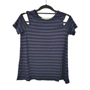 Michael Stars Cold Shoulder Short Sleeve Top Medium Womens Black Blue Striped